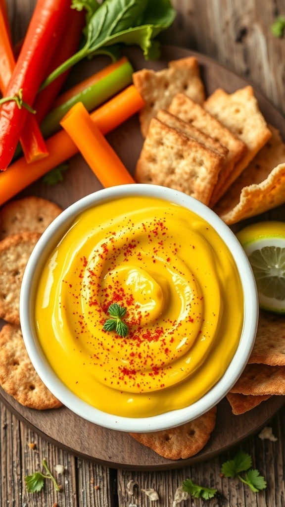 A bowl of curry mayonnaise garnished with herbs, surrounded by vegetables and crackers.